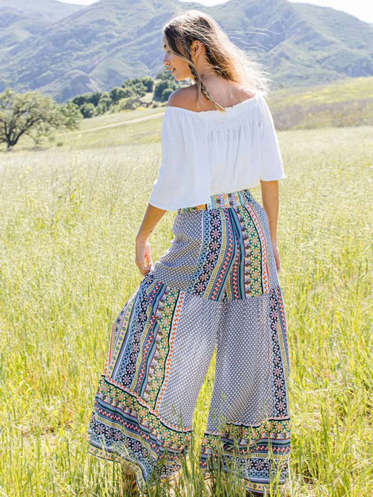 WOMEN'S ELASTIC WAIST MULTI PRINT PALAZZO PANTS