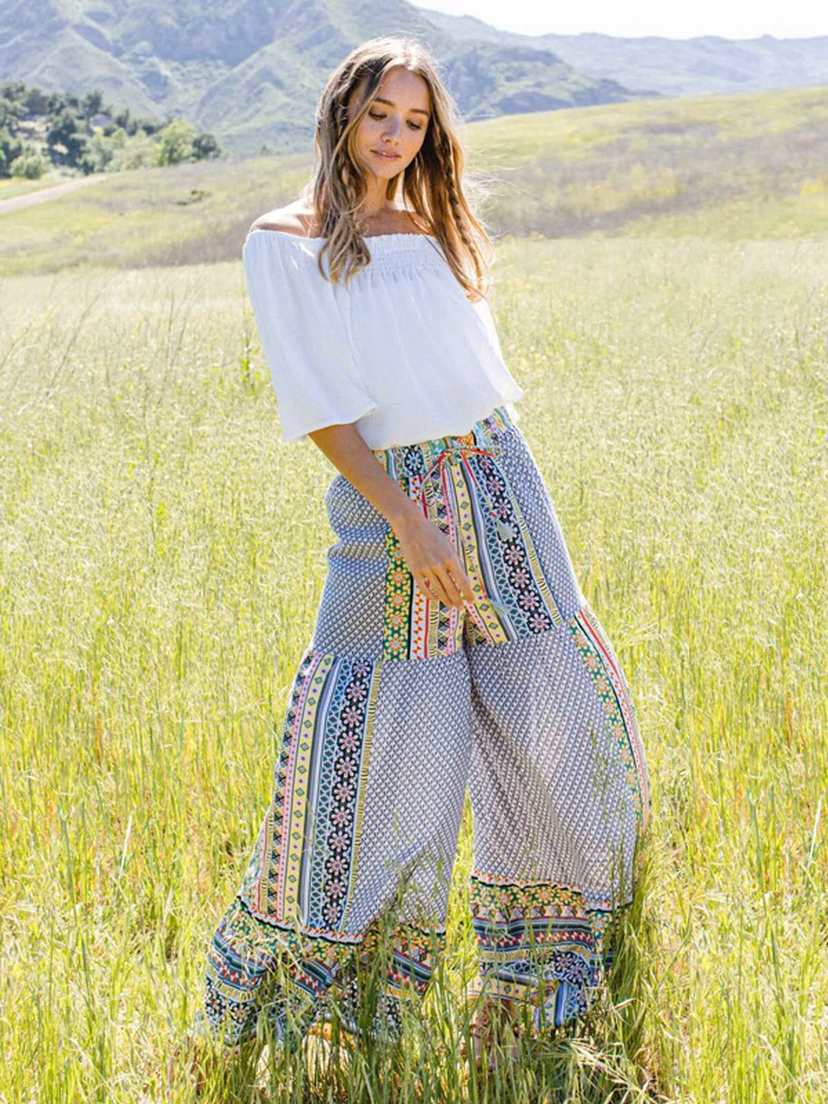 WOMEN'S ELASTIC WAIST MULTI PRINT PALAZZO PANTS