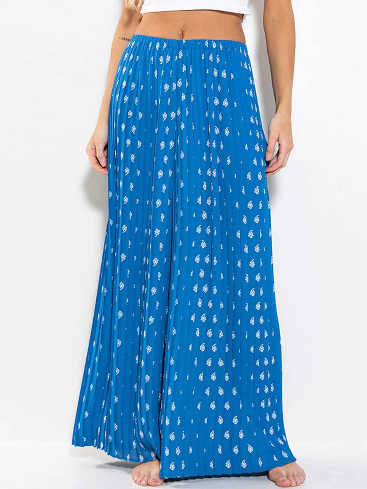 WOMEN'S ELASTIC WAIST WIDE LED PRINTED PALAZZO PANTS