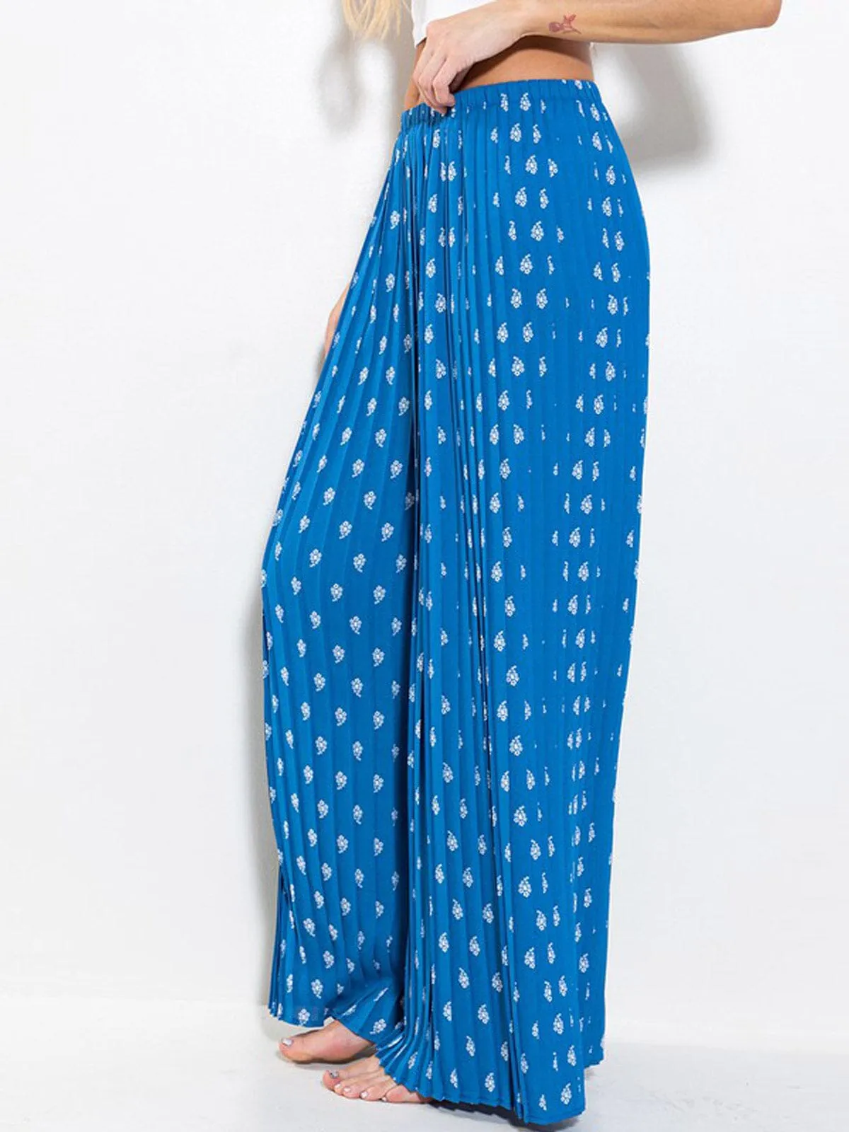 WOMEN'S ELASTIC WAIST WIDE LED PRINTED PALAZZO PANTS