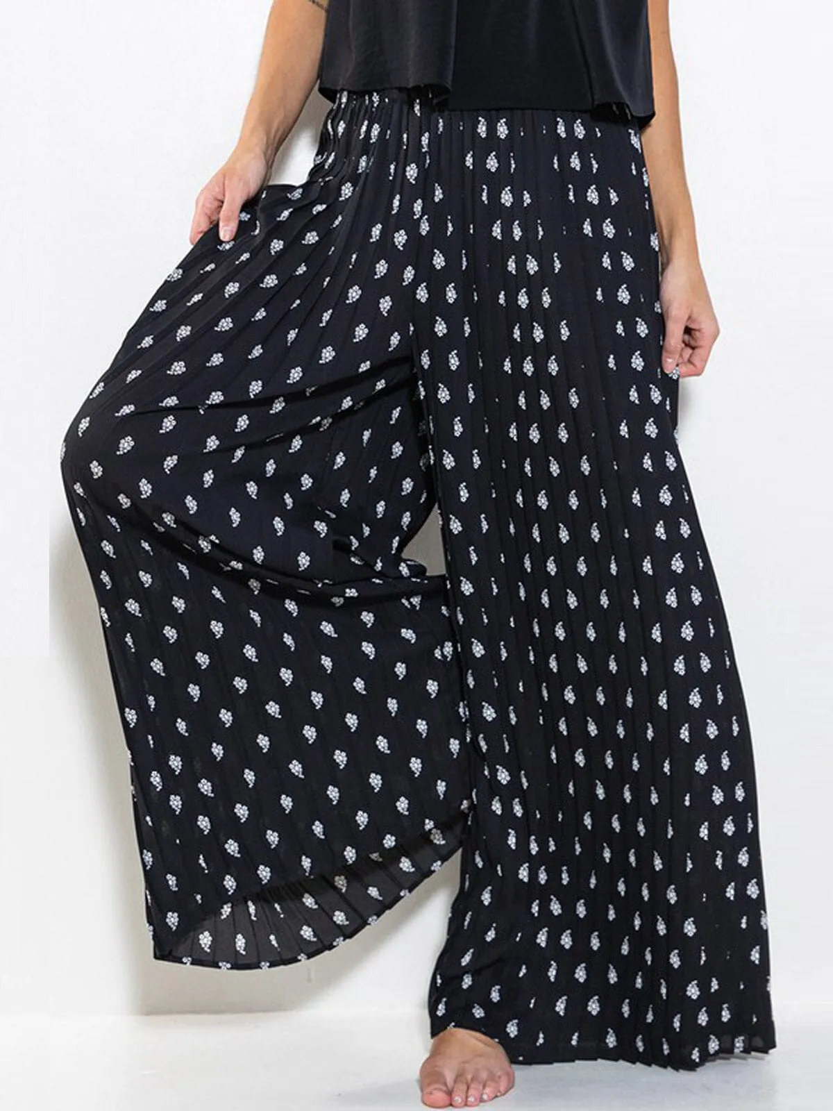 WOMEN'S ELASTIC WAIST WIDE LED PRINTED PALAZZO PANTS