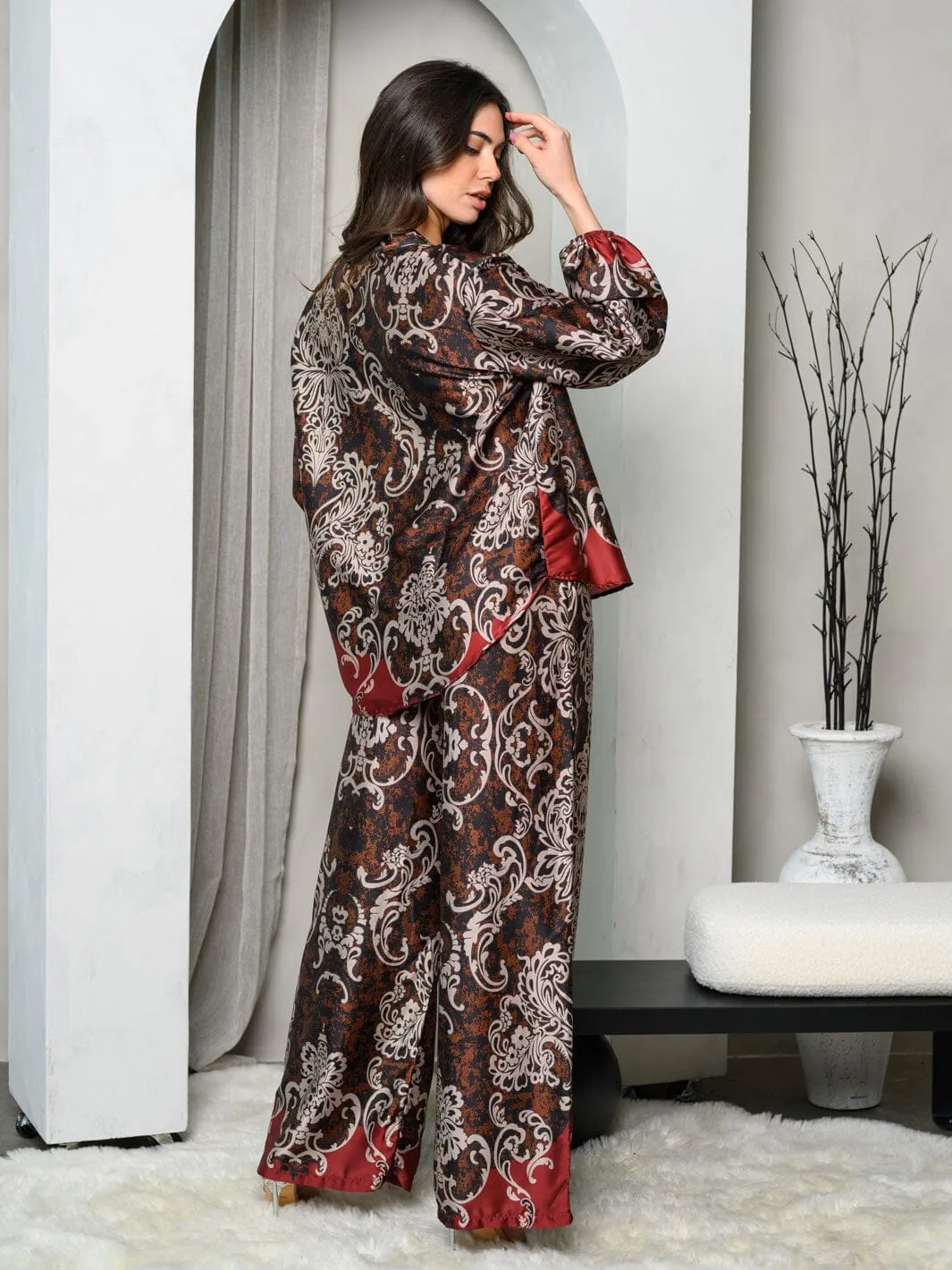 WOMEN'S ELASTIC WAIST WIDE LEG MULTI PRINT PANTS