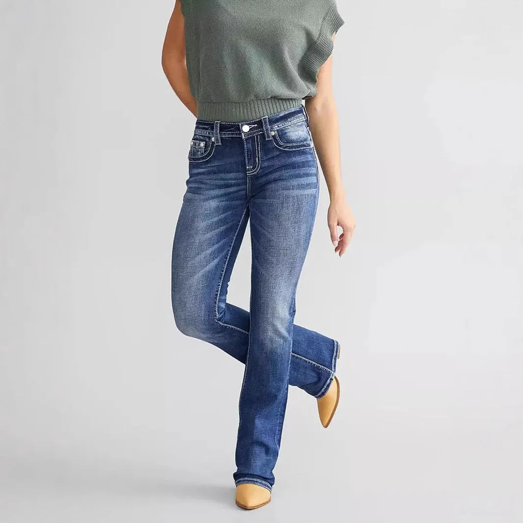 Women's Embroidery Denim Bootcut Trousers Fashion