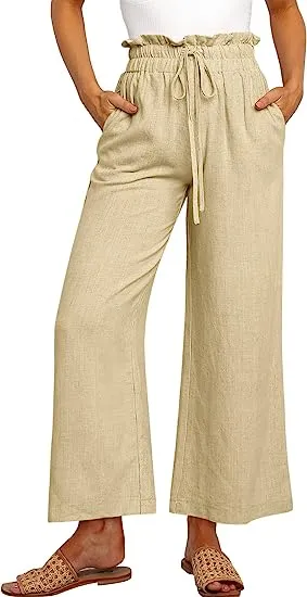 Women's High Waist Drawstring Wide Leg Linen Pants