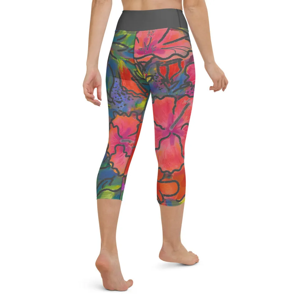 Women's Yoga Capri Pants: Colorful Tropical Flower, Bold & Beautiful