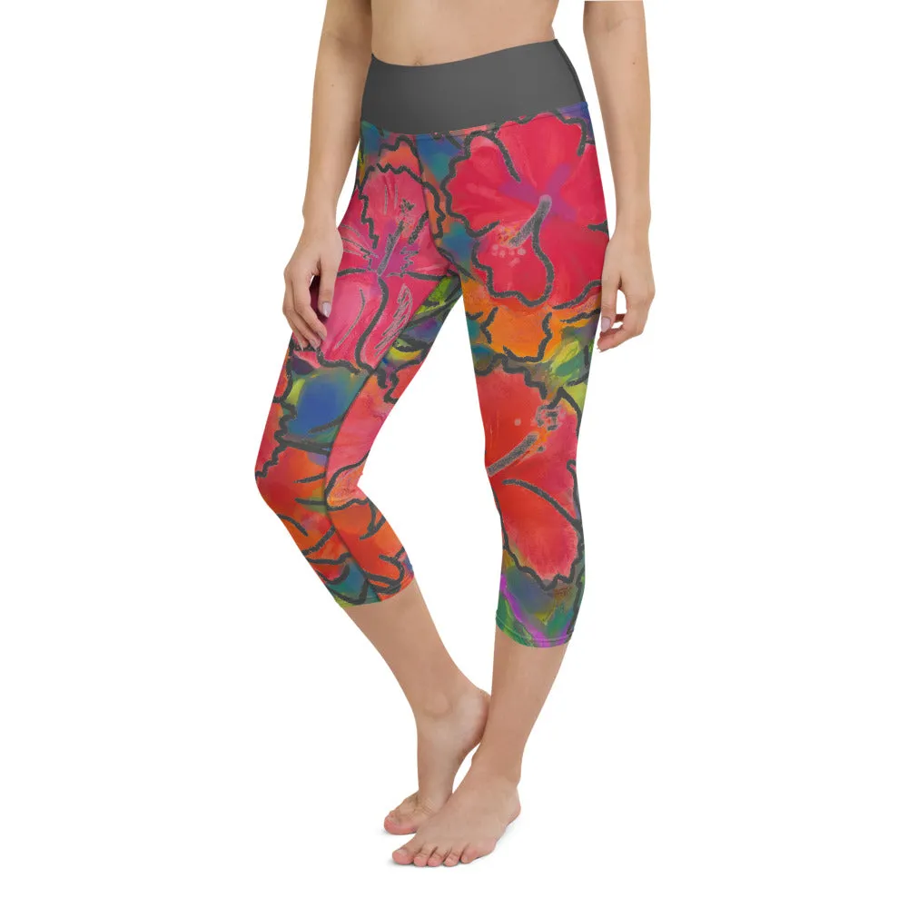 Women's Yoga Capri Pants: Colorful Tropical Flower, Bold & Beautiful