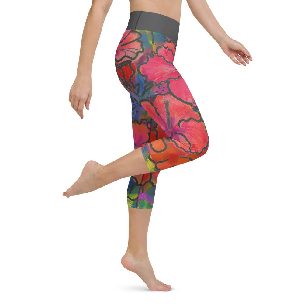 Women's Yoga Capri Pants: Colorful Tropical Flower, Bold & Beautiful