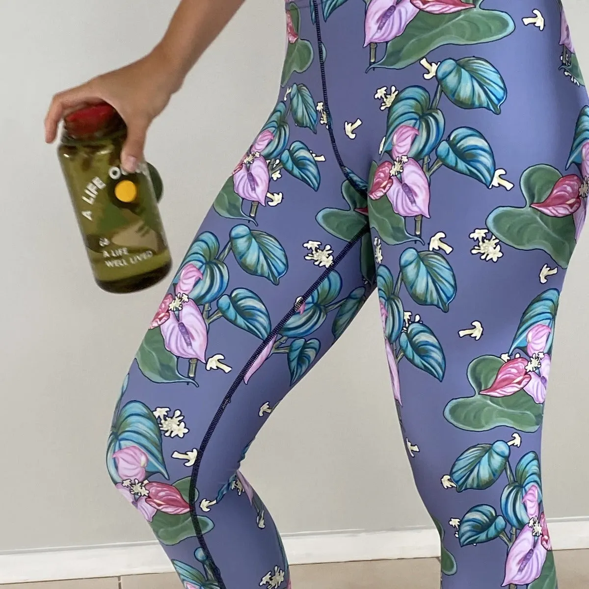 Women's Yoga Capri Pants: Tropical Anthurium & Hawaiian Healing Plants in Grey