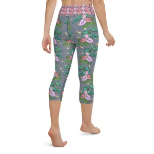 Women's Yoga Capri Pants: Tropical Anthurium & Hawaiian Healing Plants in Grey