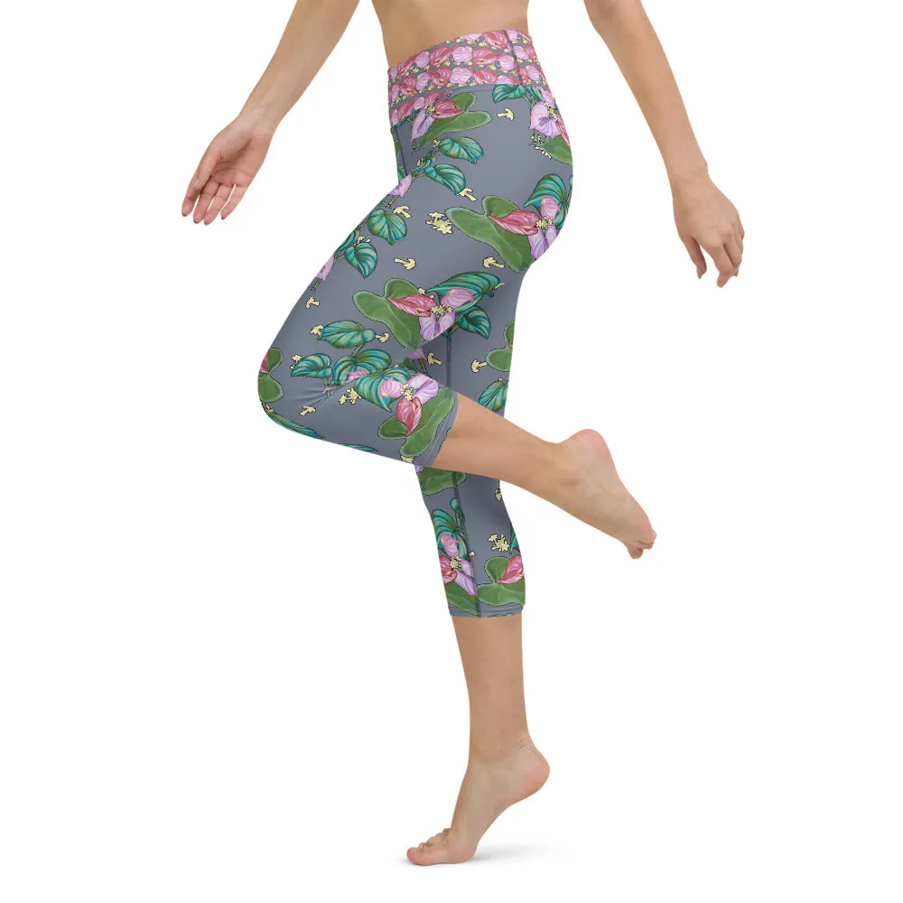 Women's Yoga Capri Pants: Tropical Anthurium & Hawaiian Healing Plants in Grey