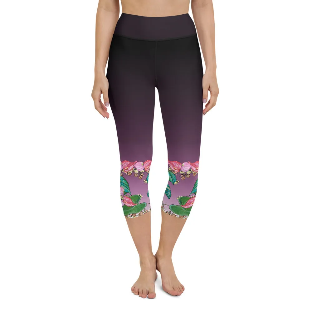 Women's Yoga Capri Pants: Tropical Anthurium & Hawaiian Healing Plants in Purple Ombre