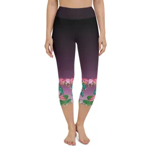 Women's Yoga Capri Pants: Tropical Anthurium & Hawaiian Healing Plants in Purple Ombre