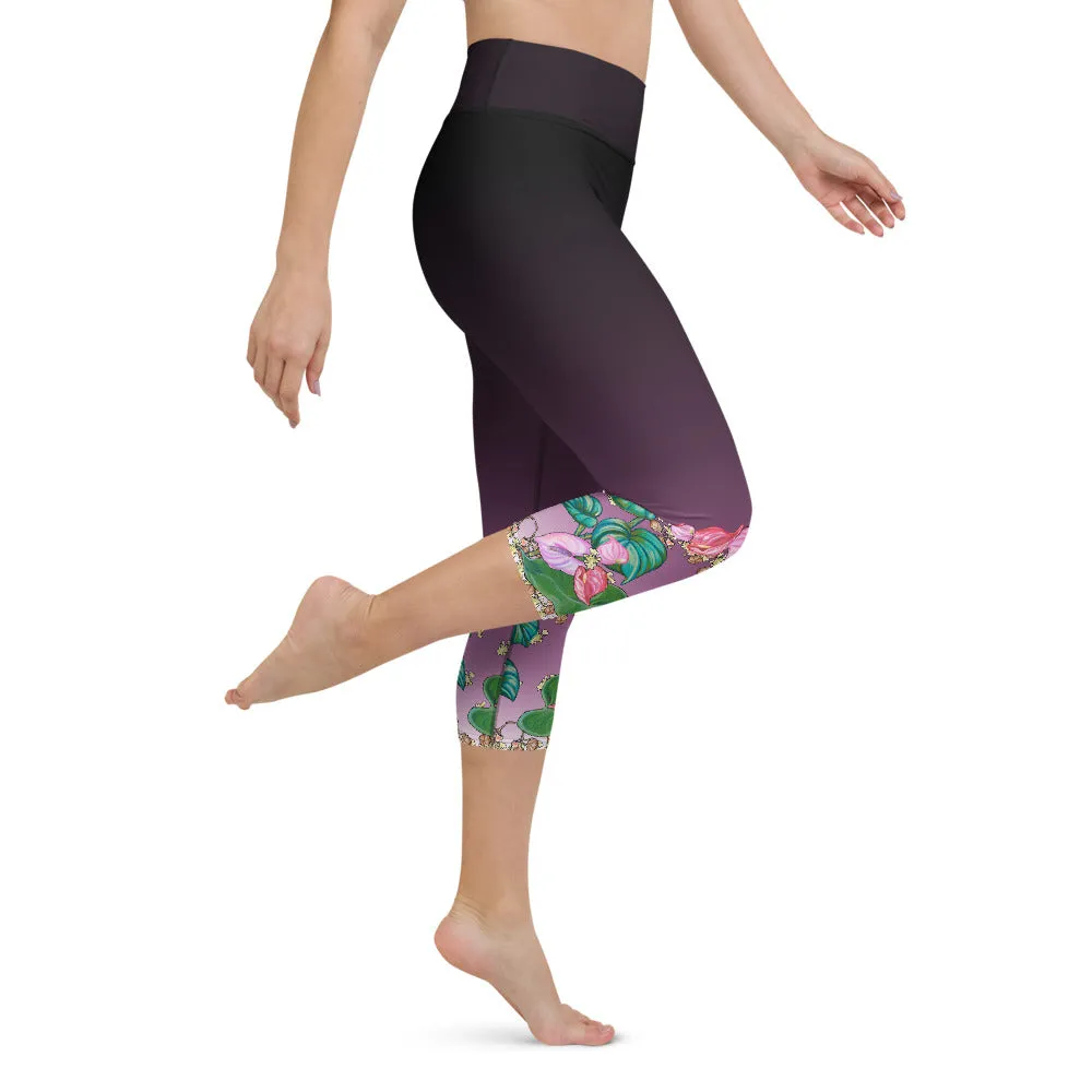 Women's Yoga Capri Pants: Tropical Anthurium & Hawaiian Healing Plants in Purple Ombre
