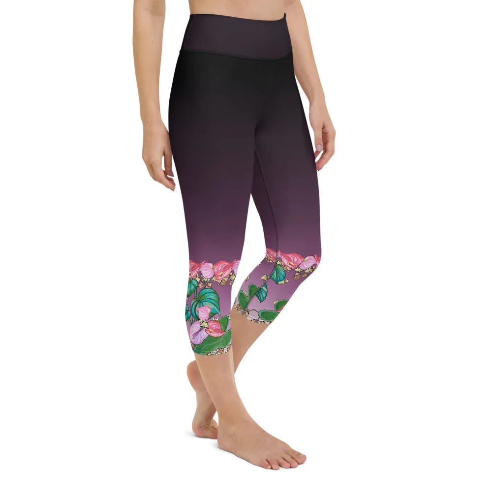 Women's Yoga Capri Pants: Tropical Anthurium & Hawaiian Healing Plants in Purple Ombre