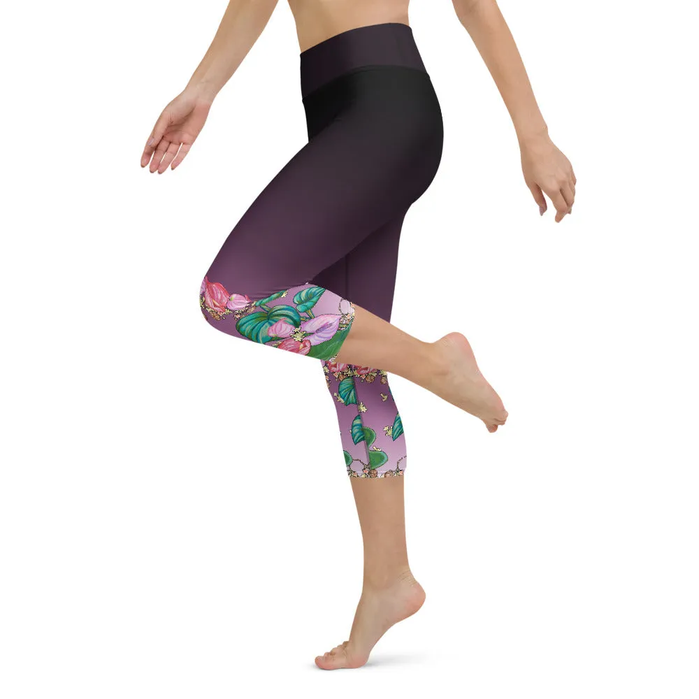Women's Yoga Capri Pants: Tropical Anthurium & Hawaiian Healing Plants in Purple Ombre