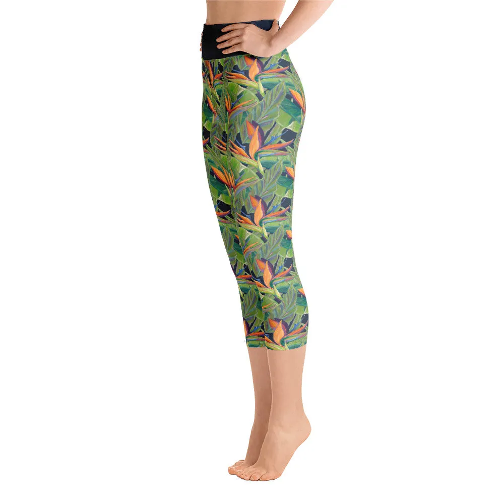 Women's Yoga Capri Pants: Tropical Birds of Paradise