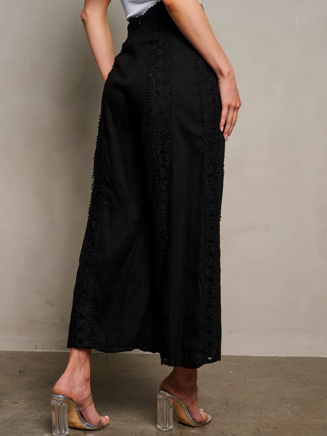 WOMEN'S ZIP UP CROCHET DETAILED PALAZZO PANTS