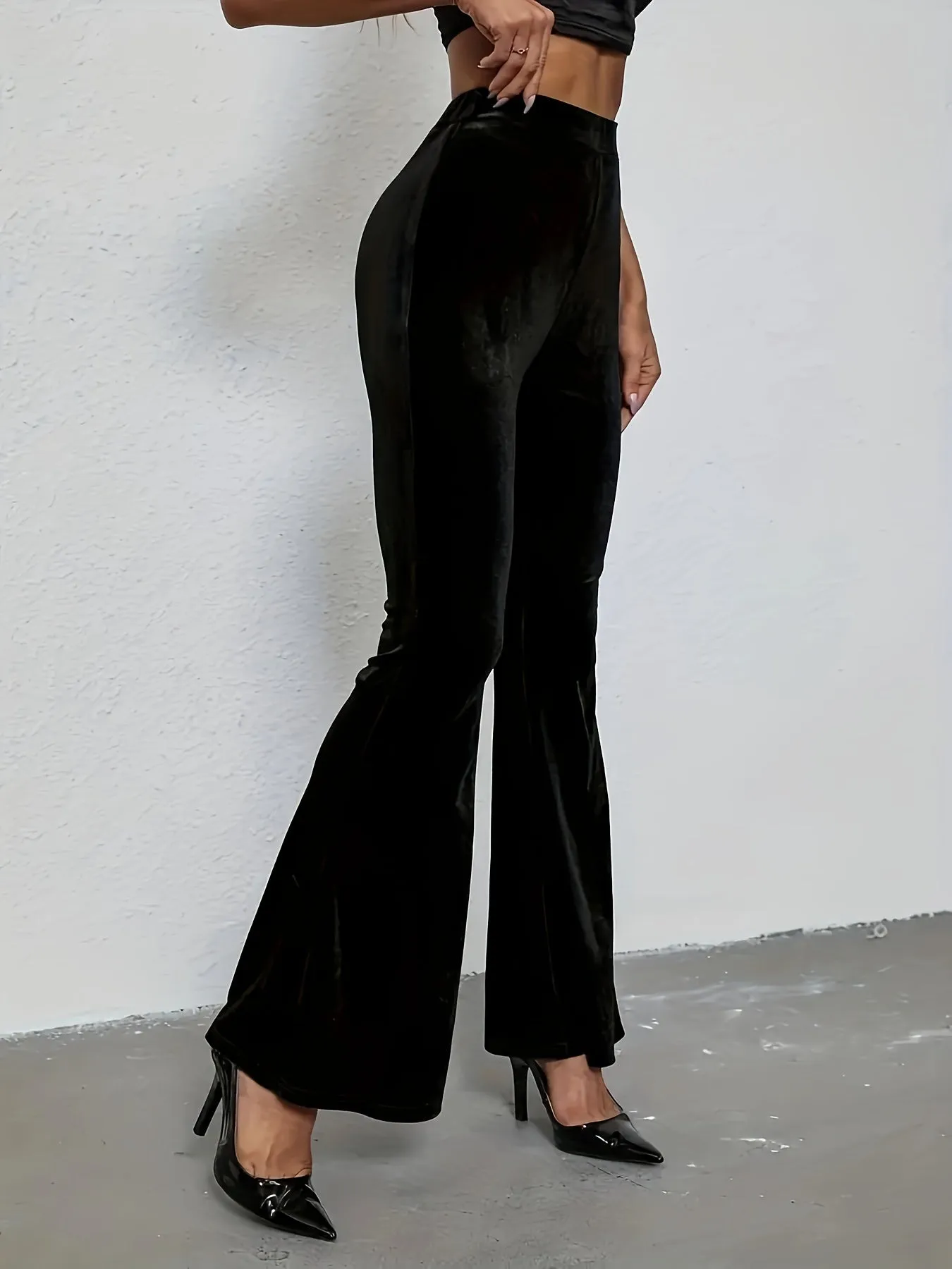 xieyinshe  Plus Size Solid Flare Leg Pants, Casual High Waist Pants, Women's Plus Size Clothing