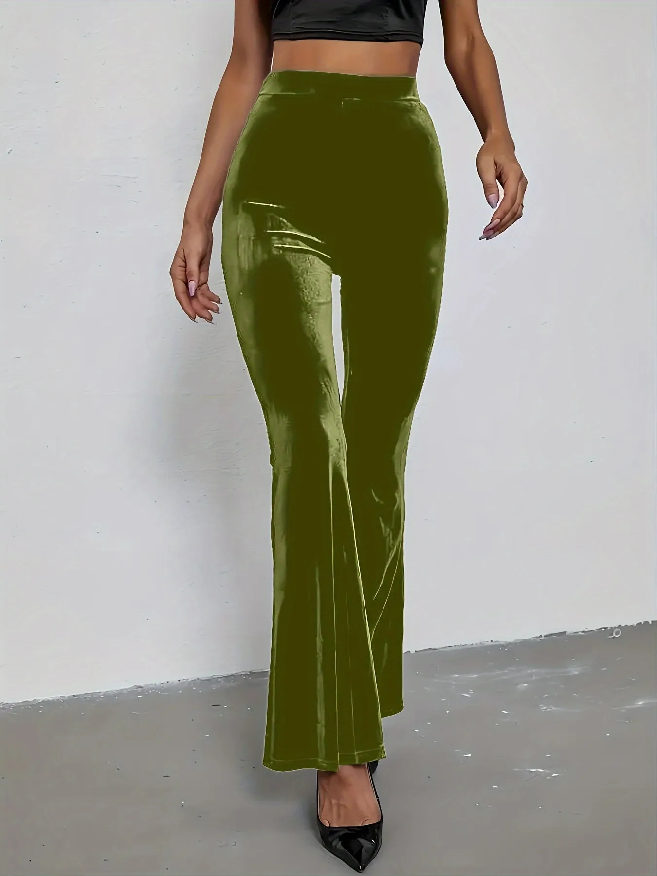 xieyinshe  Plus Size Solid Flare Leg Pants, Casual High Waist Pants, Women's Plus Size Clothing