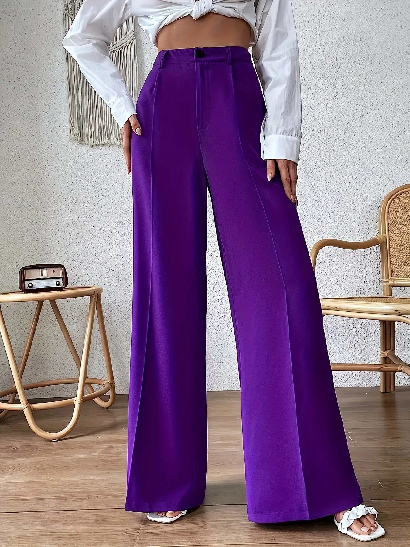 xieyinshe  Plus Size Solid Pintuck Wide Leg Pants, Casual High Waist Pants, Women's Plus Size Clothing
