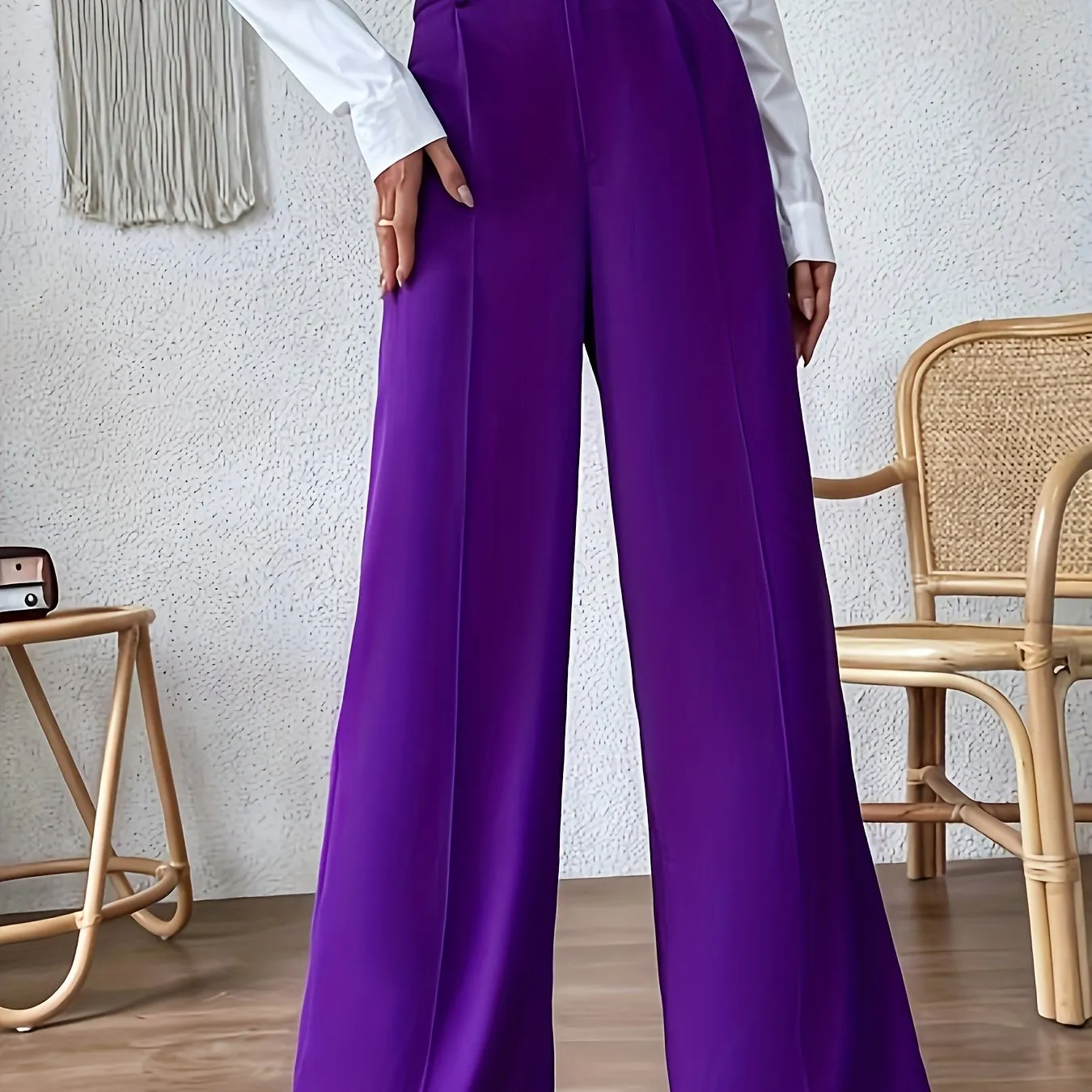 xieyinshe  Plus Size Solid Pintuck Wide Leg Pants, Casual High Waist Pants, Women's Plus Size Clothing