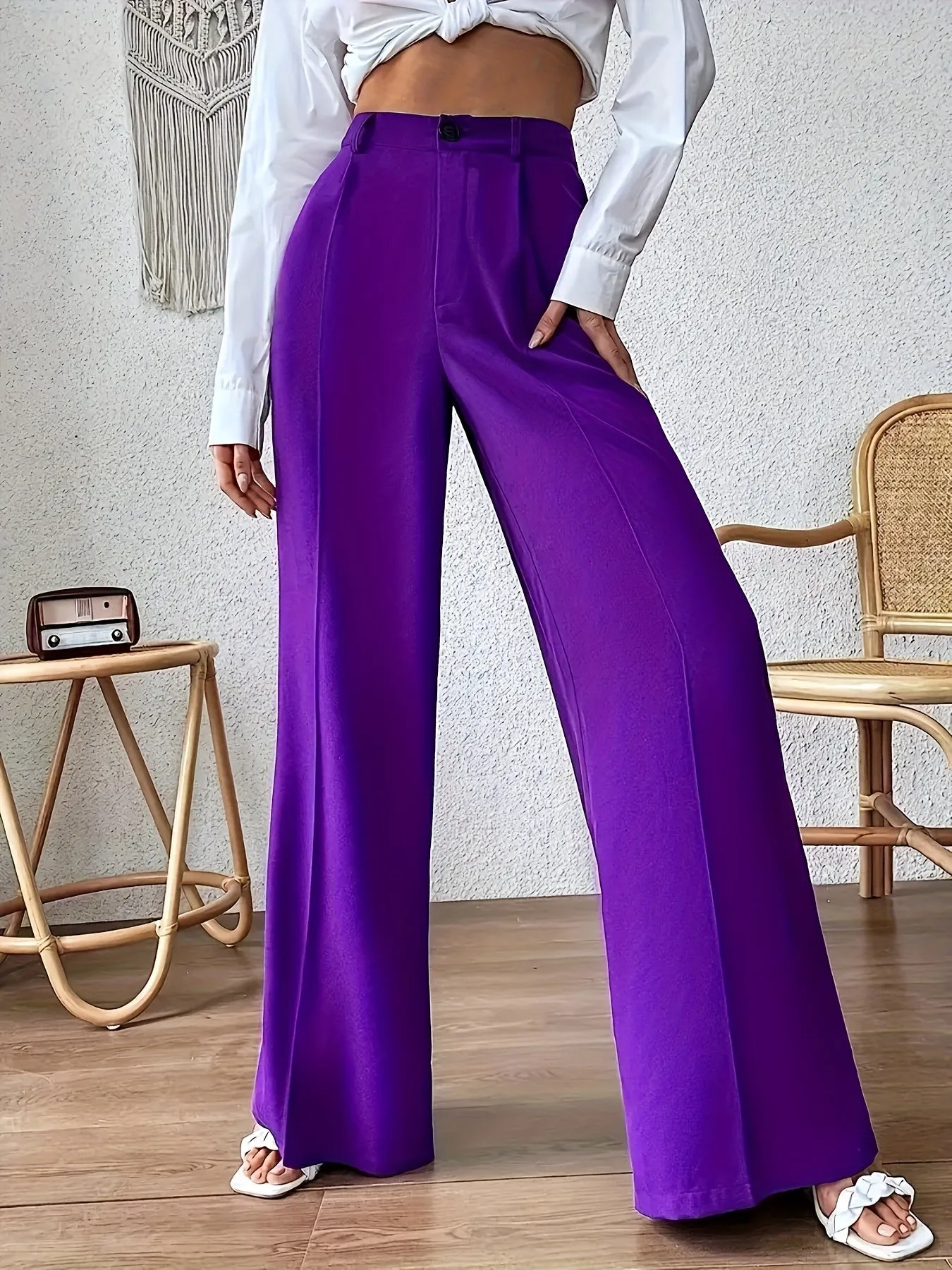 xieyinshe  Plus Size Solid Pintuck Wide Leg Pants, Casual High Waist Pants, Women's Plus Size Clothing
