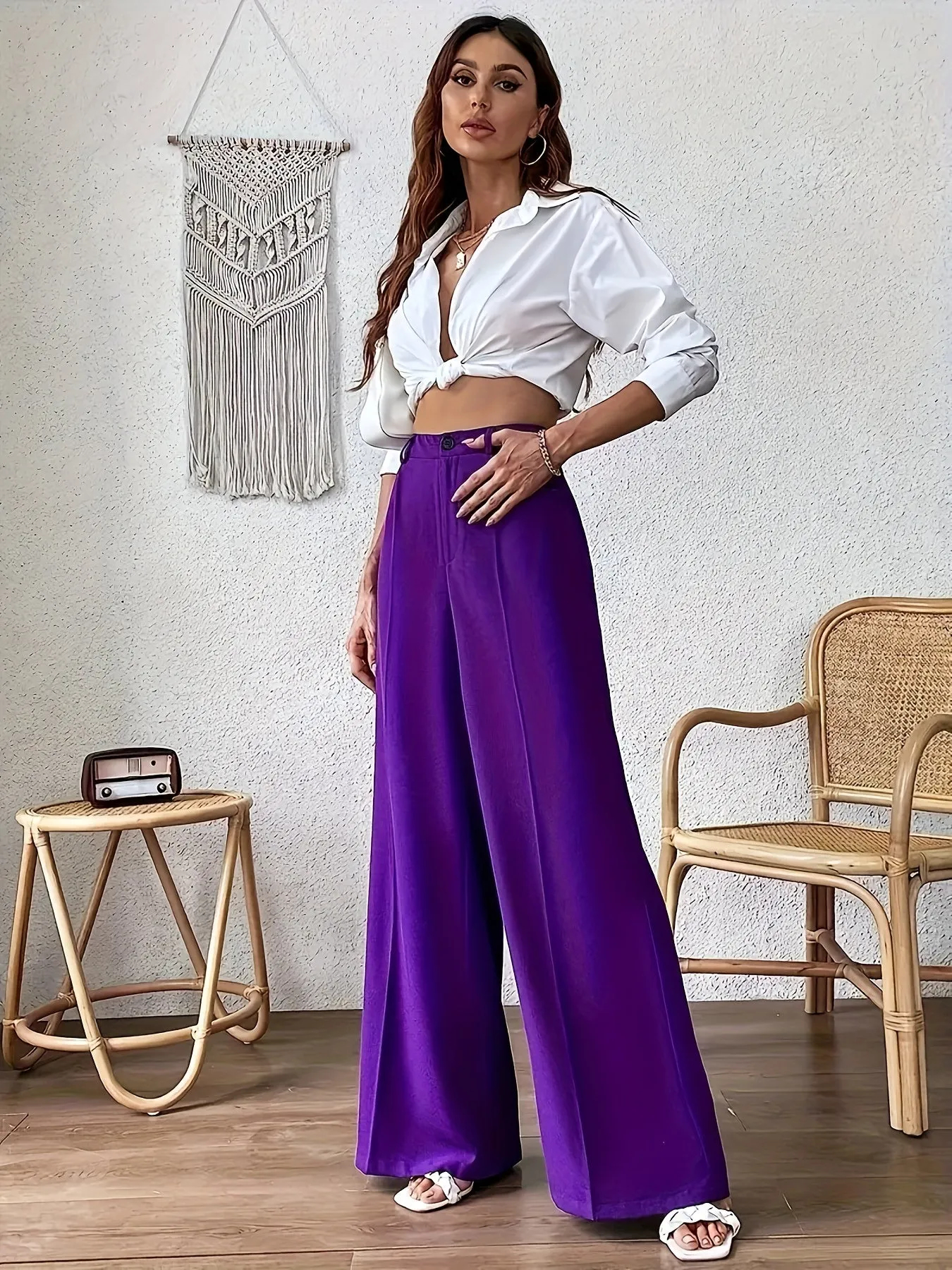 xieyinshe  Plus Size Solid Pintuck Wide Leg Pants, Casual High Waist Pants, Women's Plus Size Clothing