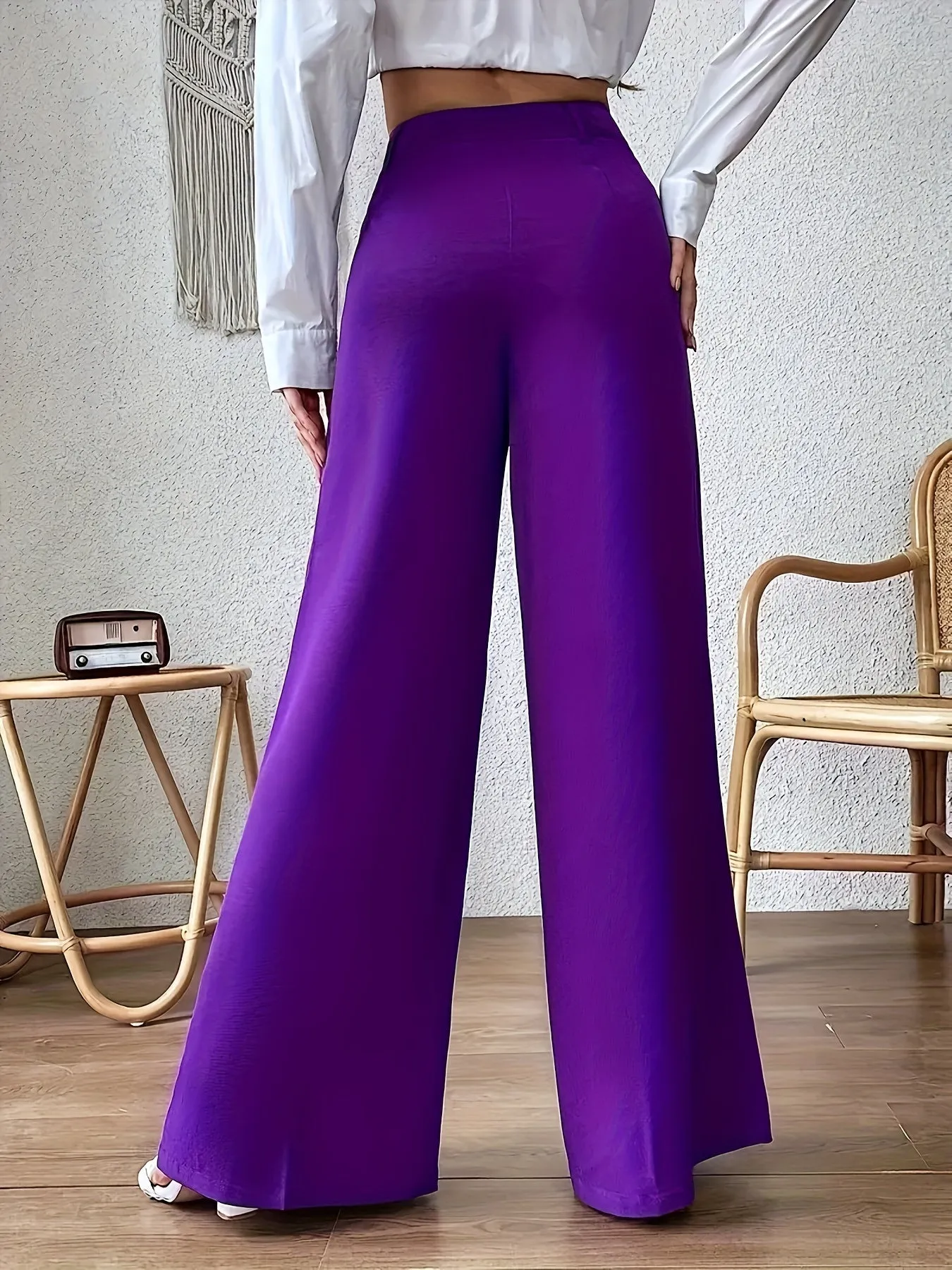 xieyinshe  Plus Size Solid Pintuck Wide Leg Pants, Casual High Waist Pants, Women's Plus Size Clothing