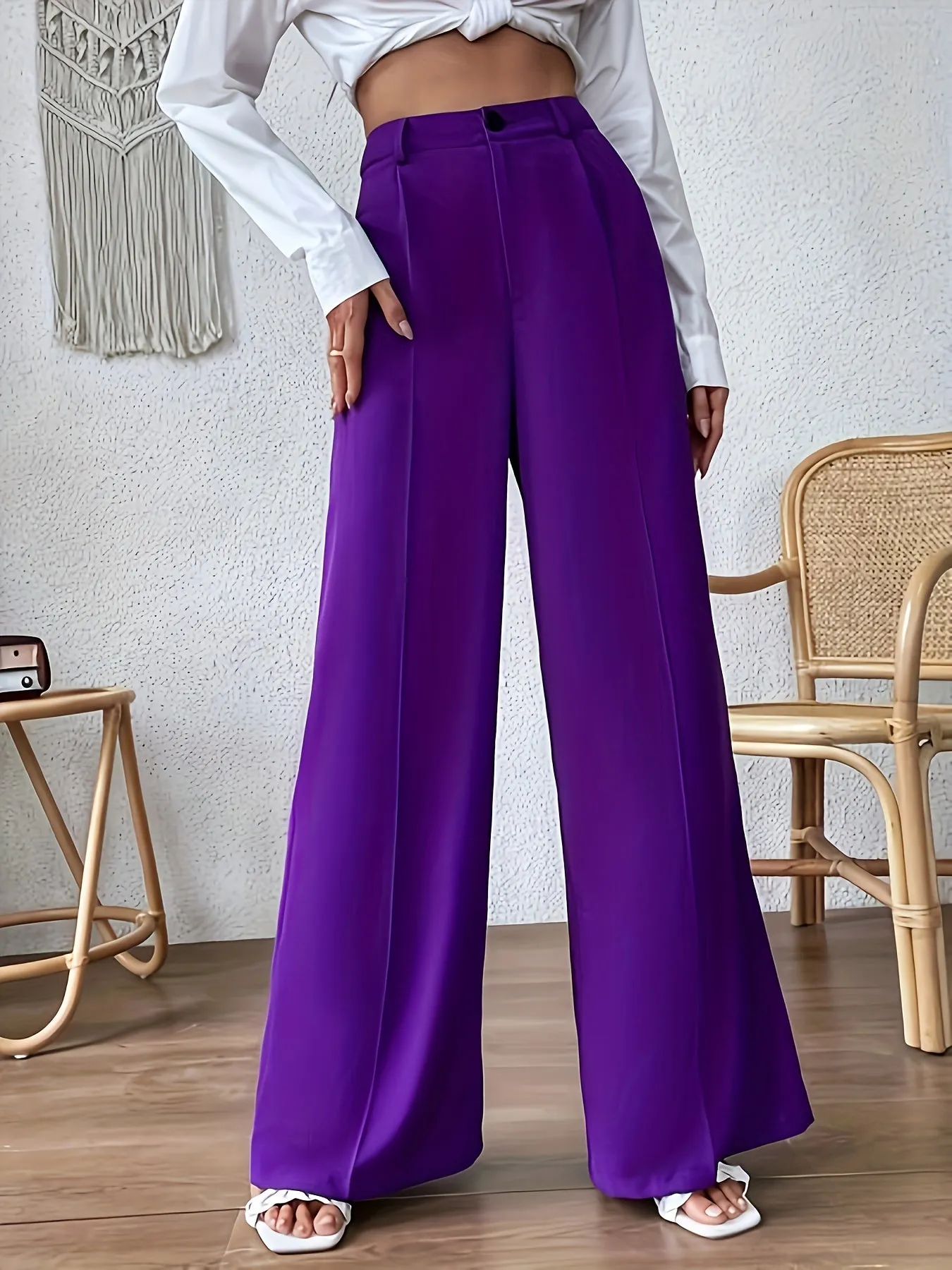 xieyinshe  Plus Size Solid Pintuck Wide Leg Pants, Casual High Waist Pants, Women's Plus Size Clothing