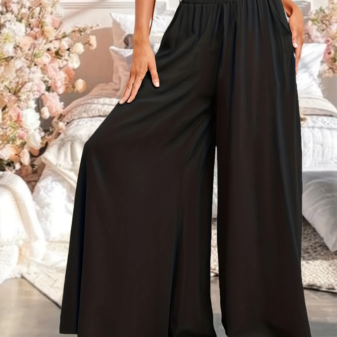 xieyinshe Solid Palazzo Pants, Casual Elastic Waist Wide Leg Pants, Women's Clothing