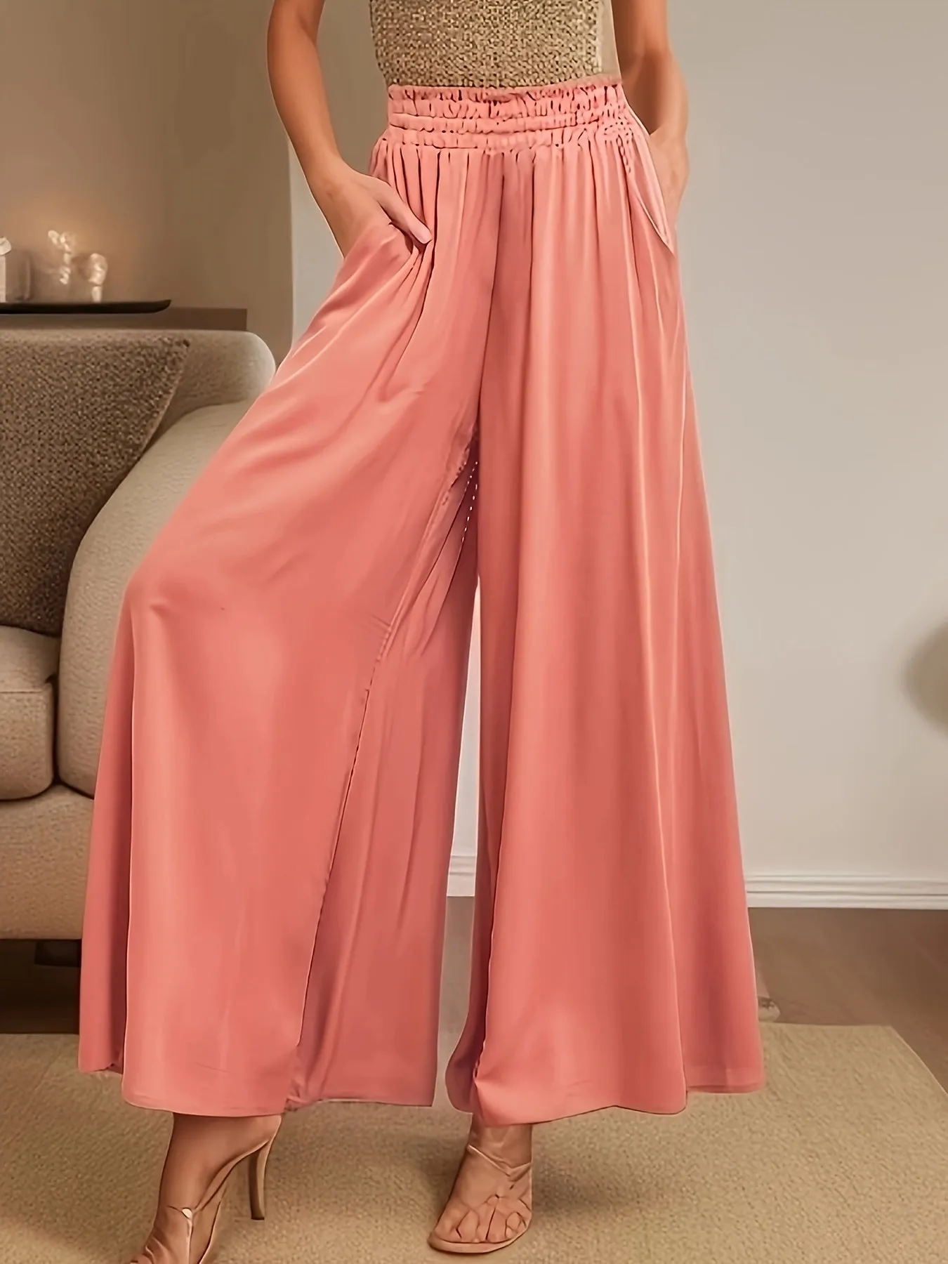 xieyinshe Solid Palazzo Pants, Casual Elastic Waist Wide Leg Pants, Women's Clothing