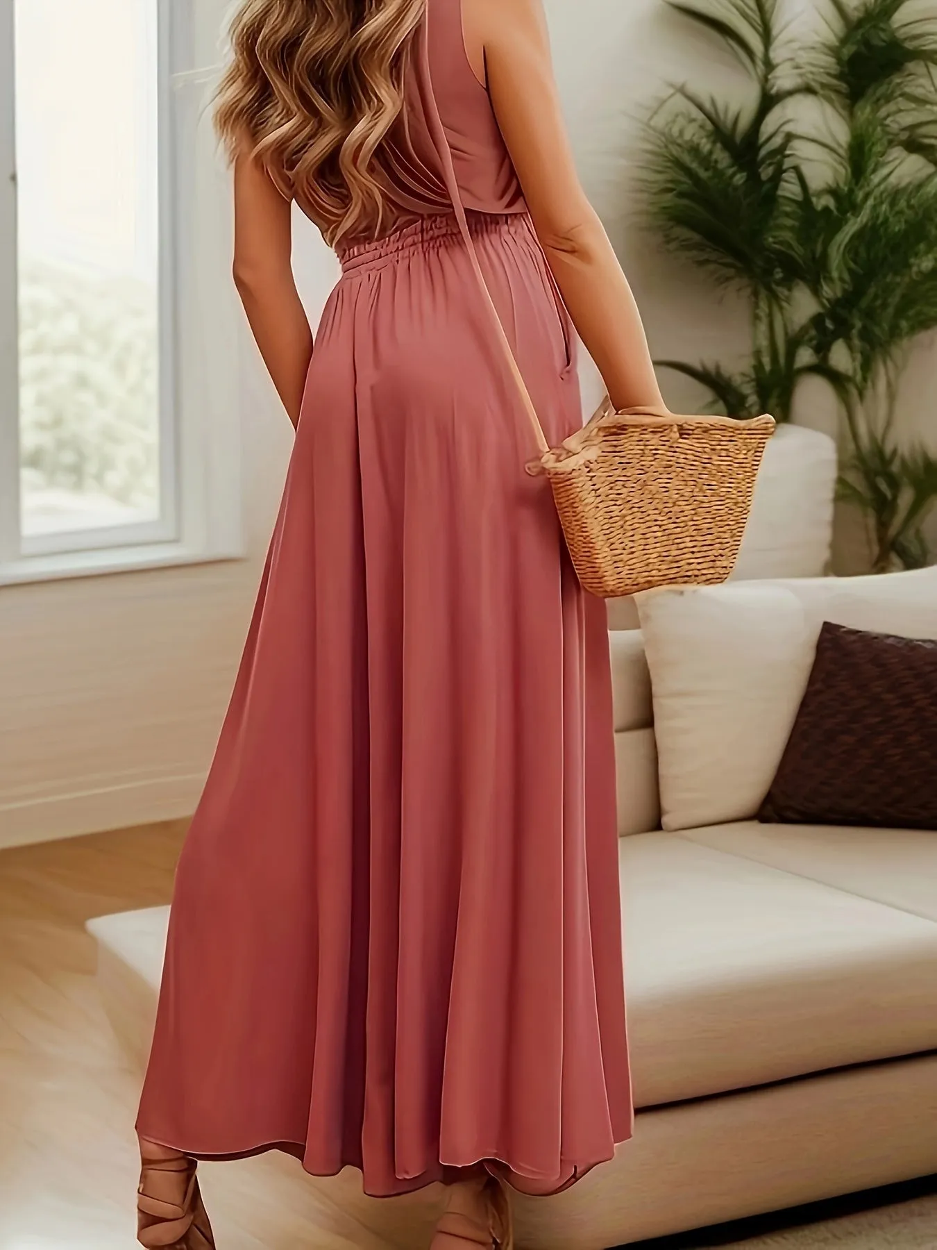 xieyinshe Solid Palazzo Pants, Casual Elastic Waist Wide Leg Pants, Women's Clothing