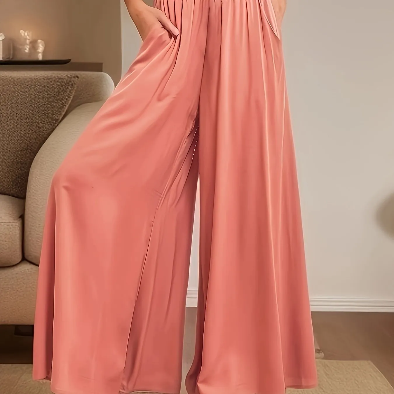 xieyinshe Solid Palazzo Pants, Casual Elastic Waist Wide Leg Pants, Women's Clothing