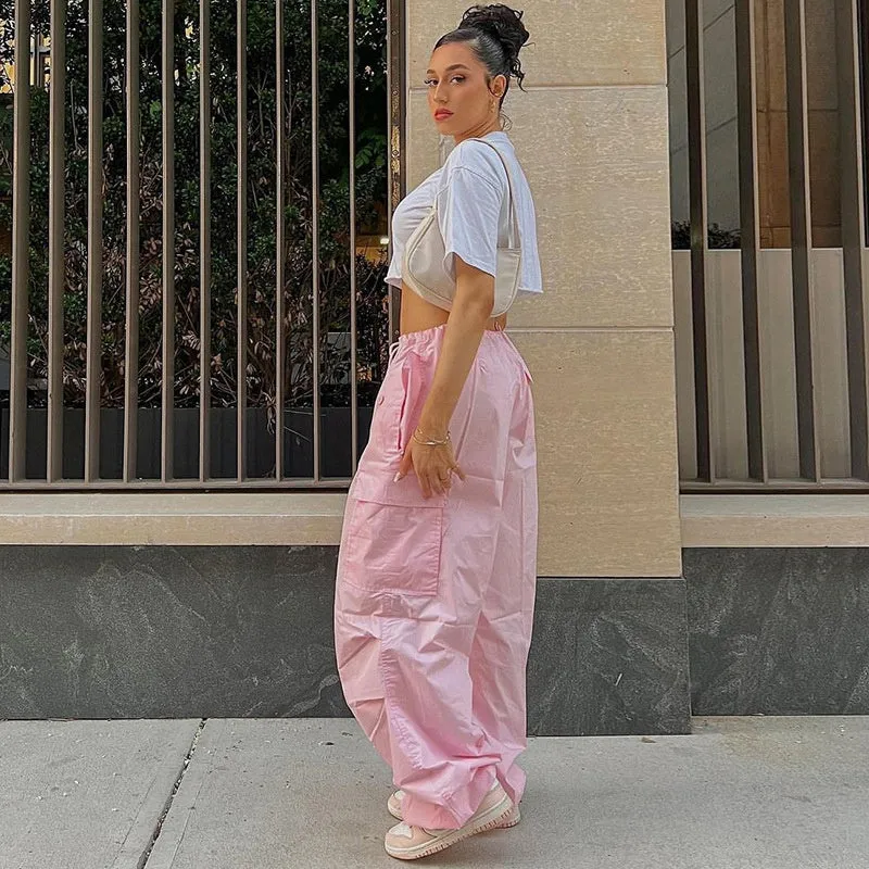 Y2K Baggy Cargo Women's Pants, Low Waist Sweatpants, Pink Wide Leg Trousers, Y2K Jogger, Baggy Trousers