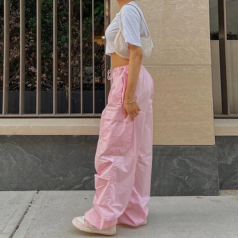 Y2K Baggy Cargo Women's Pants, Low Waist Sweatpants, Pink Wide Leg Trousers, Y2K Jogger, Baggy Trousers