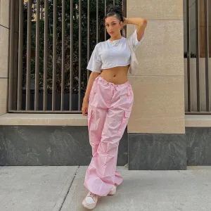 Y2K Baggy Cargo Women's Pants, Low Waist Sweatpants, Pink Wide Leg Trousers, Y2K Jogger, Baggy Trousers