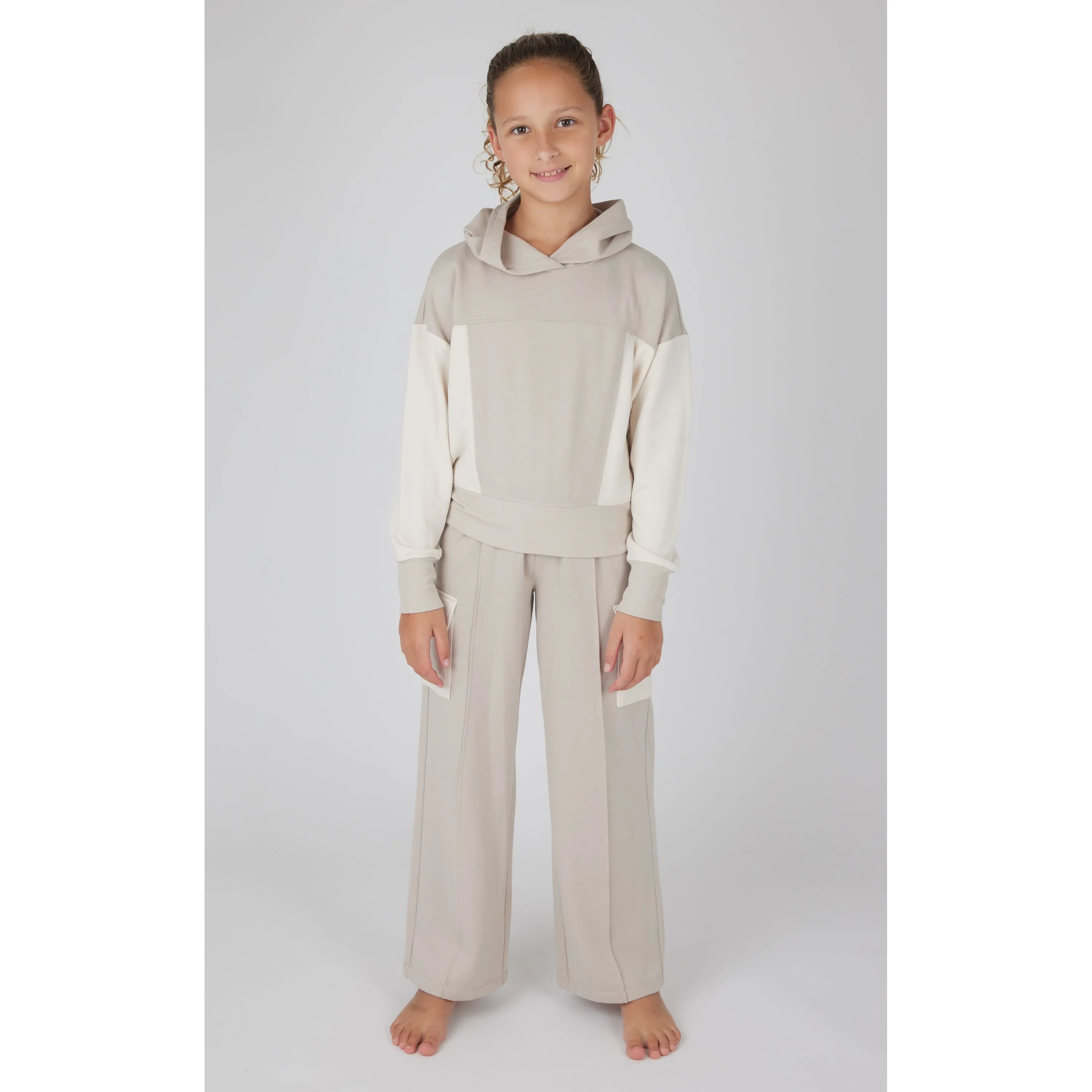 Yogalicious Girls Brushed Terry Limitless Color Block Crewneck Sweatshirt and Color Block Wide Leg Pintuck Sweatpant Set