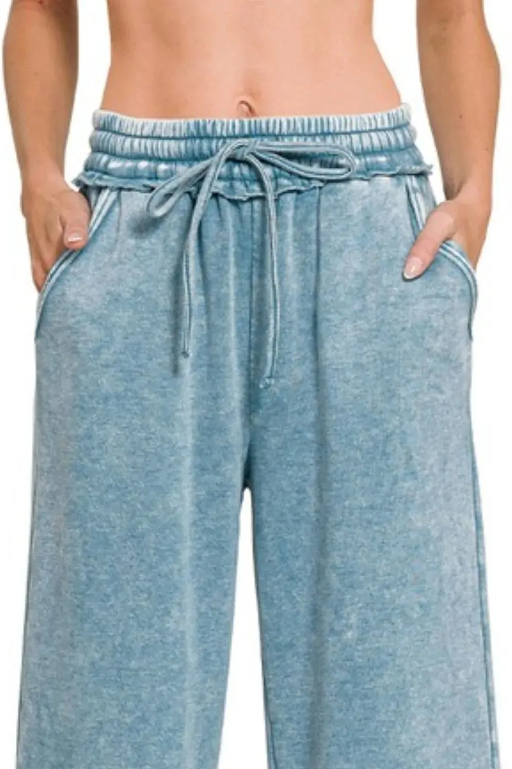 Zenana Acid Wash Fleece Palazzo Sweatpants with Pockets