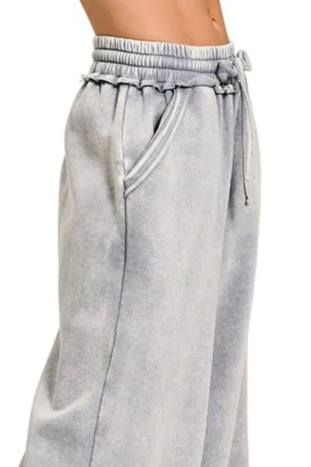 Zenana Acid Wash Fleece Palazzo Sweatpants with Pockets