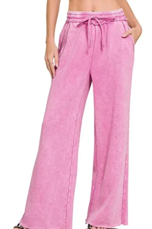 Zenana Acid Wash Fleece Palazzo Sweatpants with Pockets