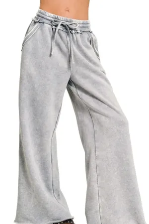 Zenana Acid Wash Fleece Palazzo Sweatpants with Pockets