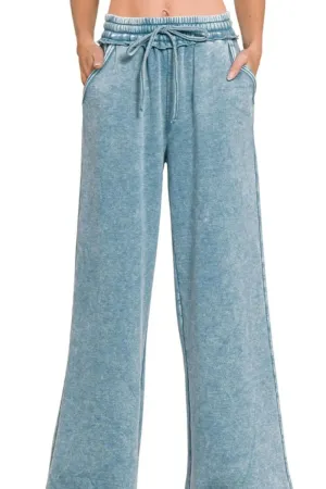 Zenana Acid Wash Fleece Palazzo Sweatpants with Pockets