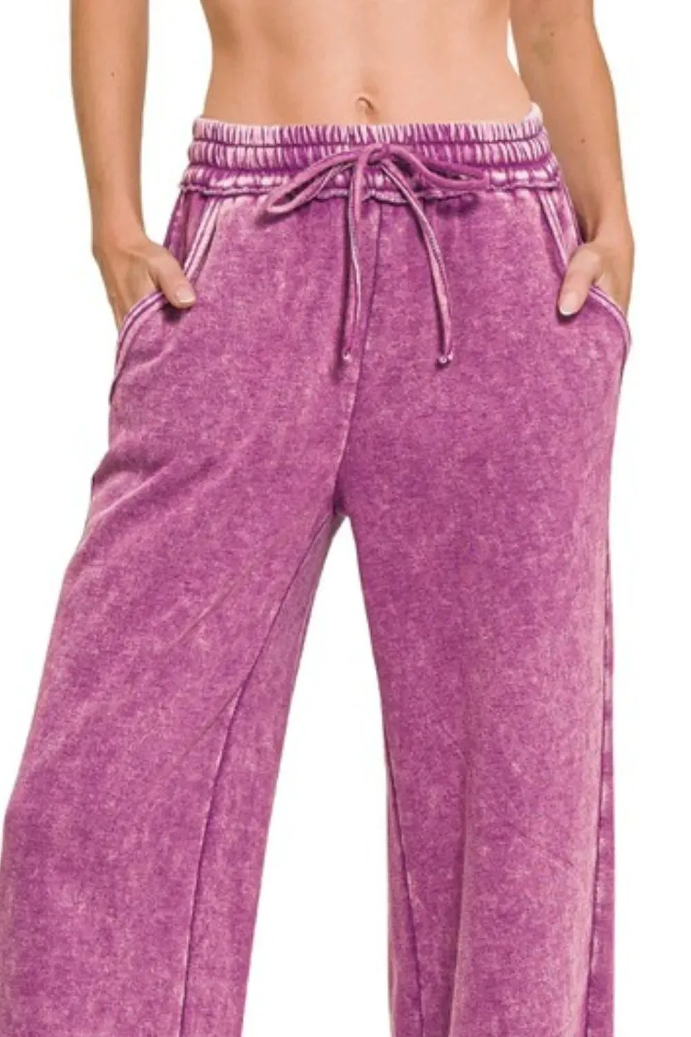 Zenana Acid Wash Fleece Palazzo Sweatpants with Pockets
