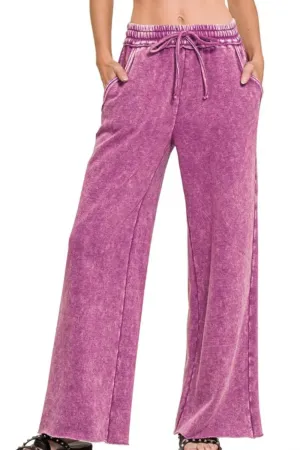 Zenana Acid Wash Fleece Palazzo Sweatpants with Pockets