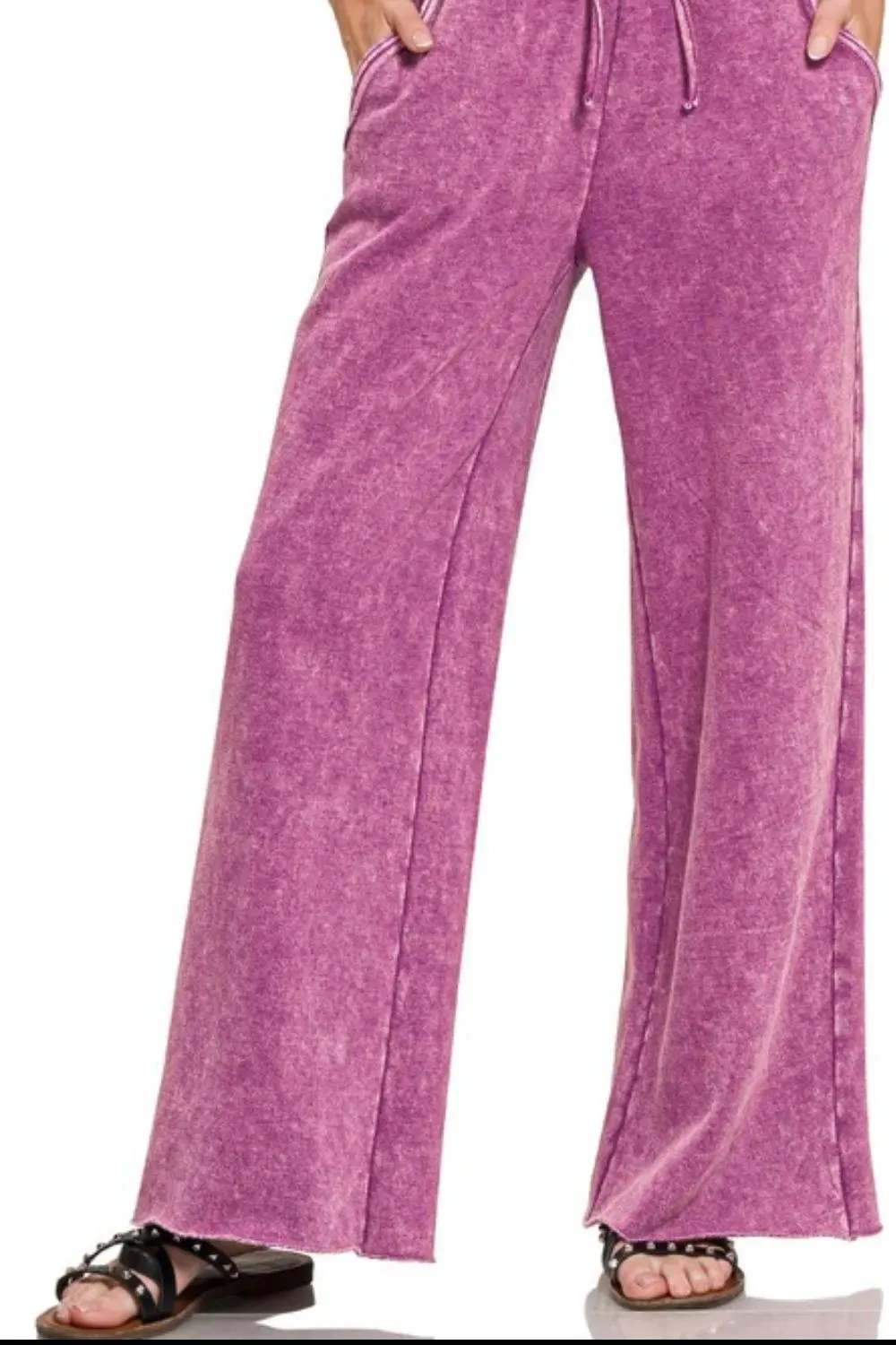 Zenana Acid Wash Fleece Palazzo Sweatpants with Pockets