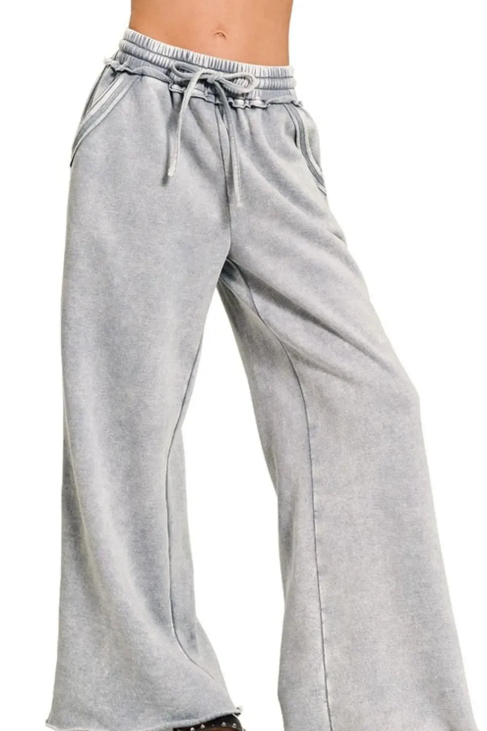 Zenana Acid Wash Fleece Palazzo Sweatpants with Pockets