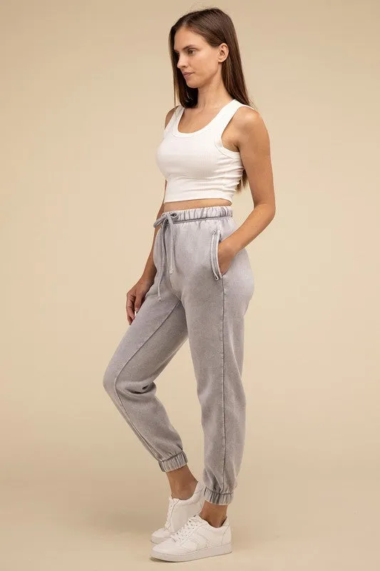 ZENANA Acid Wash Fleece Sweatpants with Pockets
