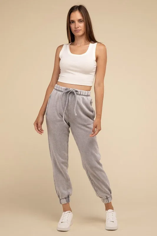 ZENANA Acid Wash Fleece Sweatpants with Pockets
