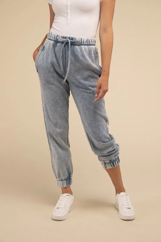 ZENANA Acid Wash Fleece Sweatpants with Pockets