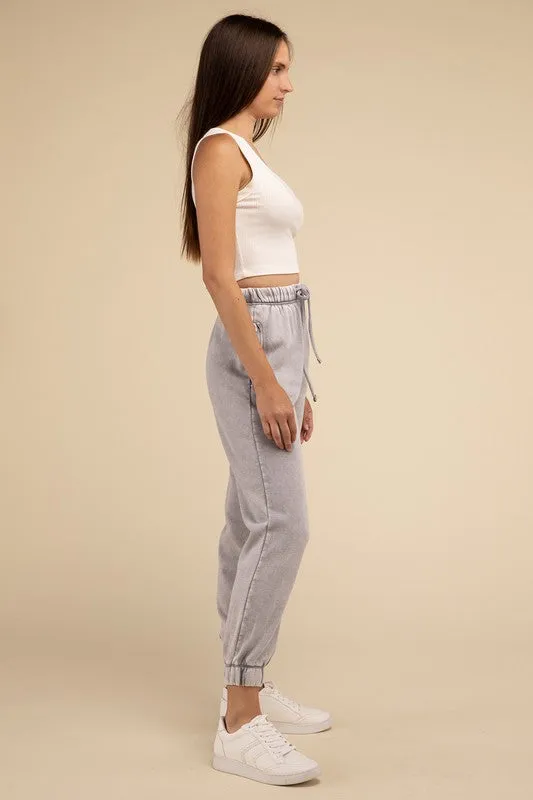 ZENANA Acid Wash Fleece Sweatpants with Pockets